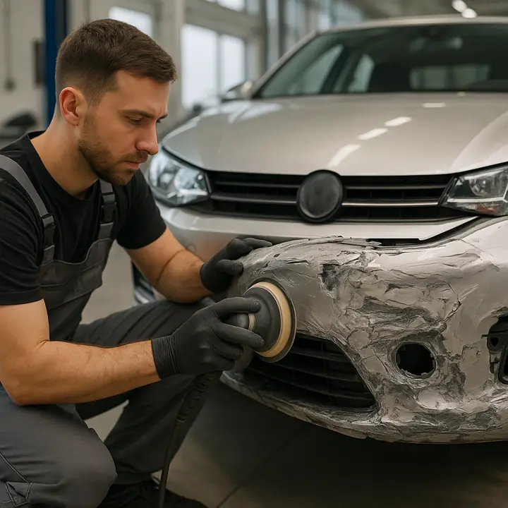 Collision repair sanding damaged bumper