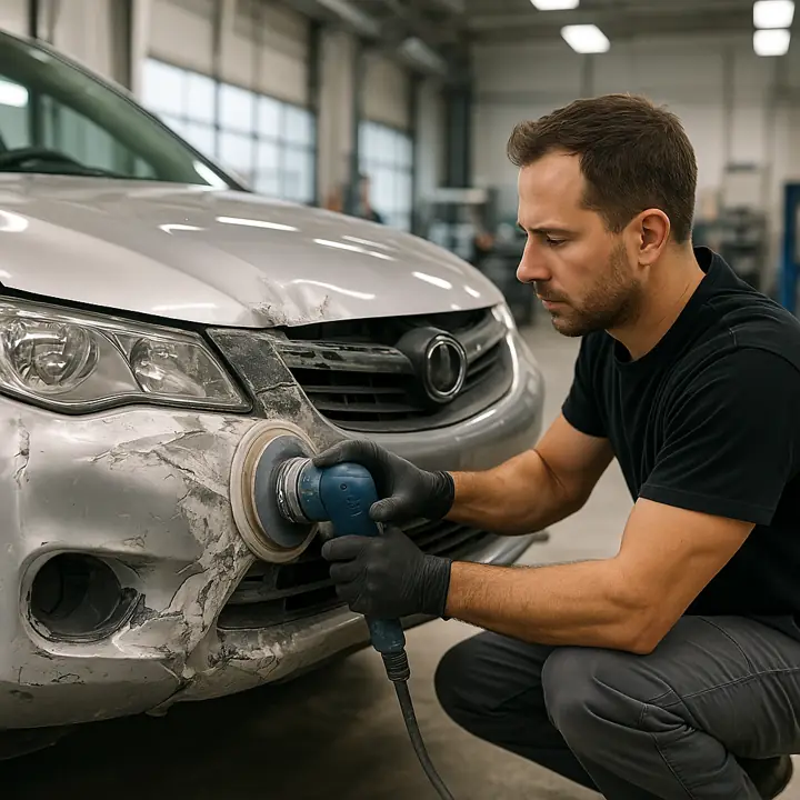 Body technician prepping vehicle side panel