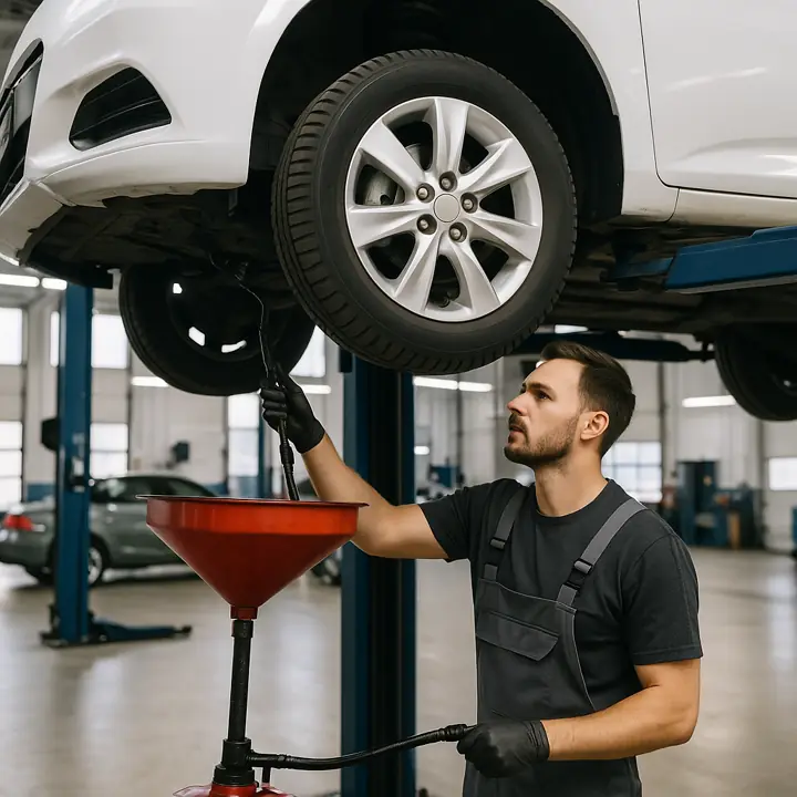 Oil change with lifted vehicle in service bay