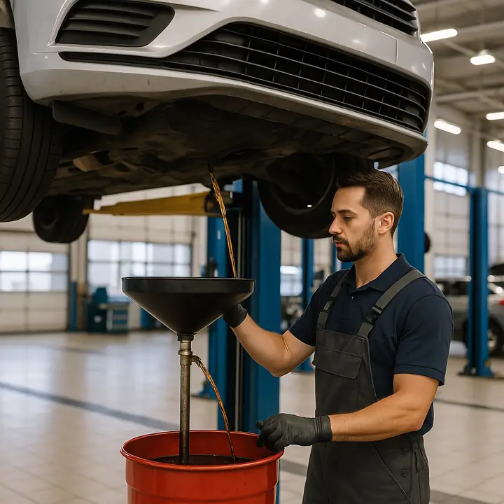 Transmission service with mechanic working on vehicle