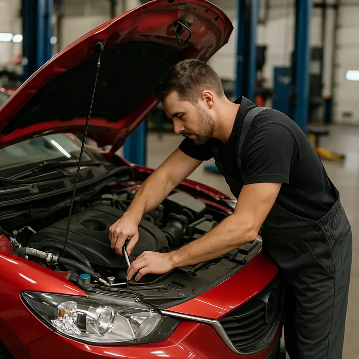 Mechanic repairing engine in sedan