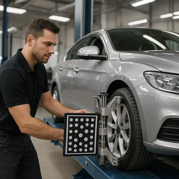Wheel alignment service on sedan
